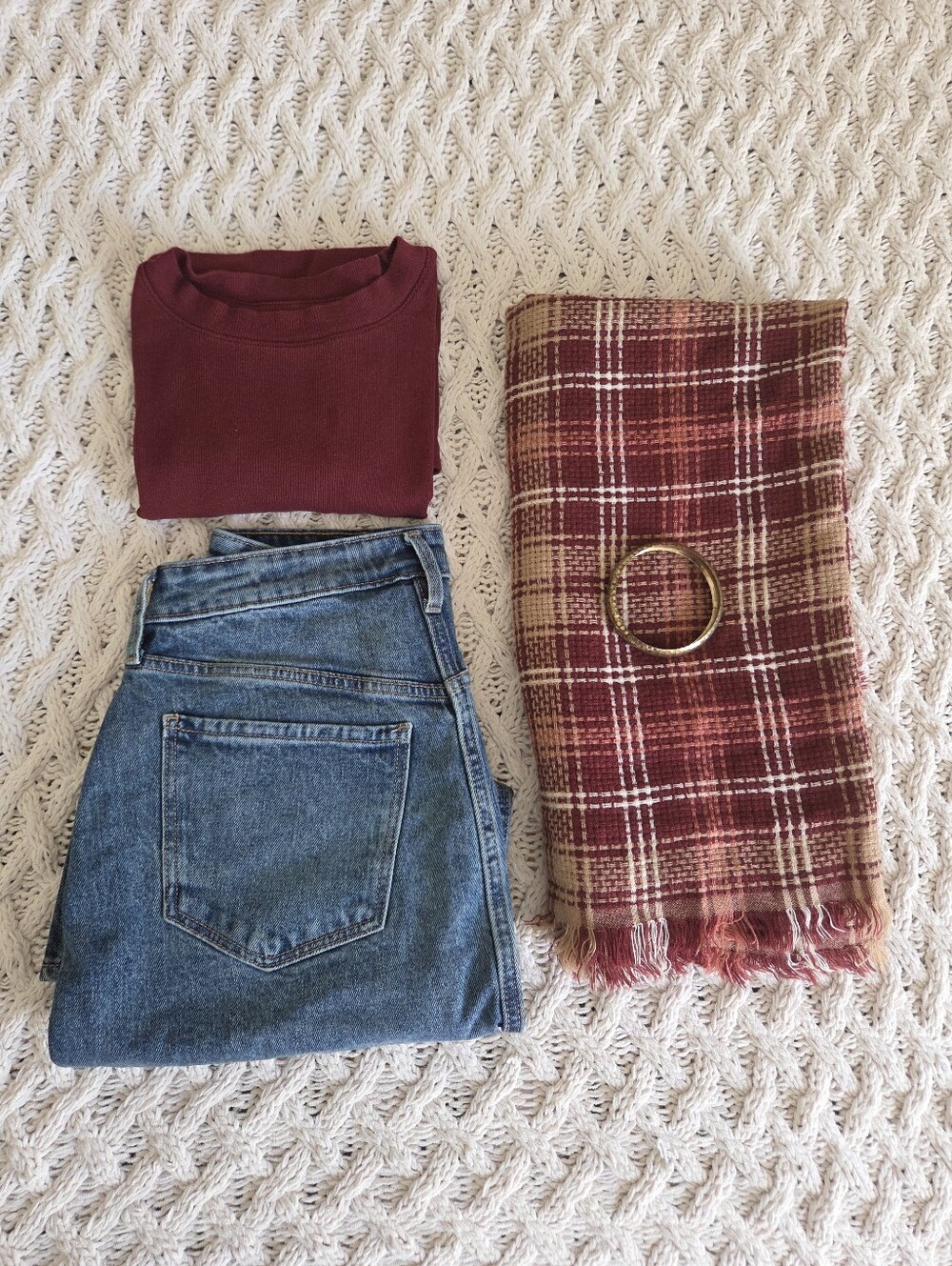 Treasure & Bond Plaid Fringe Scarf in Burgundy and Cream